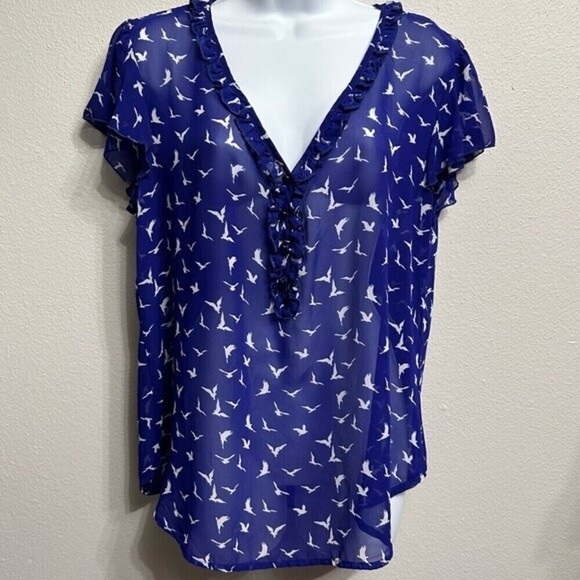 Lily Rose Size XL Sheer Royal Blue Blouse With White Bird Print - Picture 7 of 11